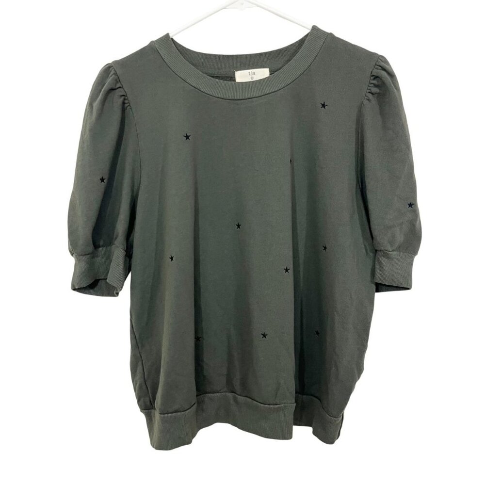 Anthropologie t.la Green Star Embroidered Puff Sleeve Sweatshirt‎ Top Size Small
